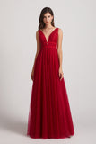 illusion v-neck maxi sleeveless red bridesmaids dresses