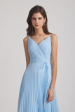 v-neck blue sleeveless chiffon bridesmaid dresses