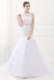 Alfa Bridal White Jewel Sleeveless Mermaid Lace Wedding Dresses With Belt (AW005)