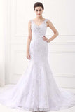 Alfa Bridal White V-neck Sleeveless Mermaid Lace Beaded Rhinestones Wedding Dresses (AW003)