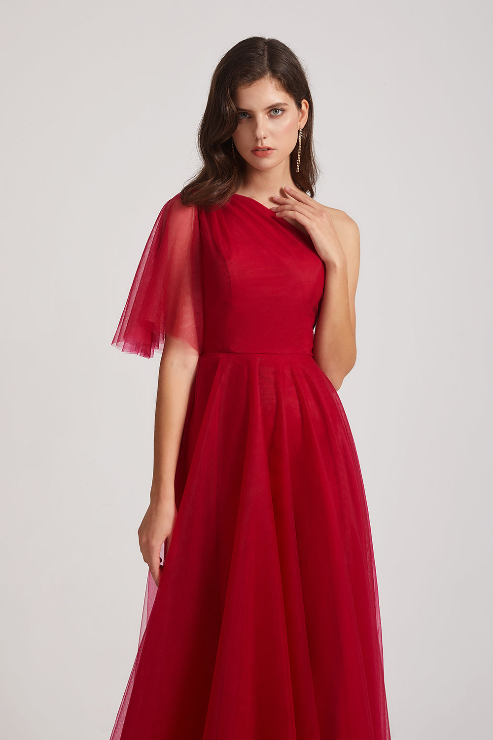 one shoulder tulle maxi dresses for bridesmaid