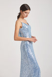 sleeveless a-line blue sequin bridesmaid gown