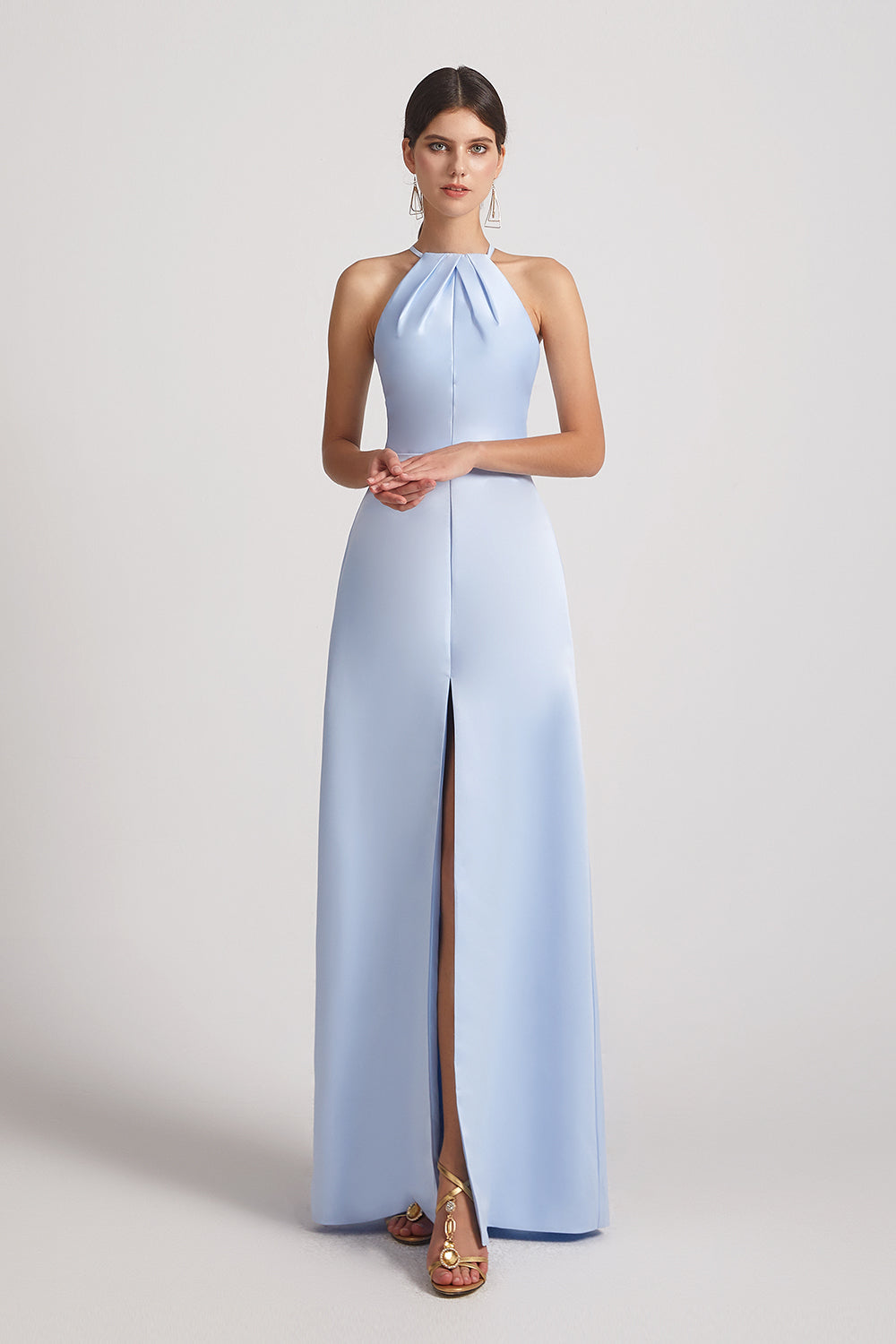 front slit blue satin maid of honor dress
