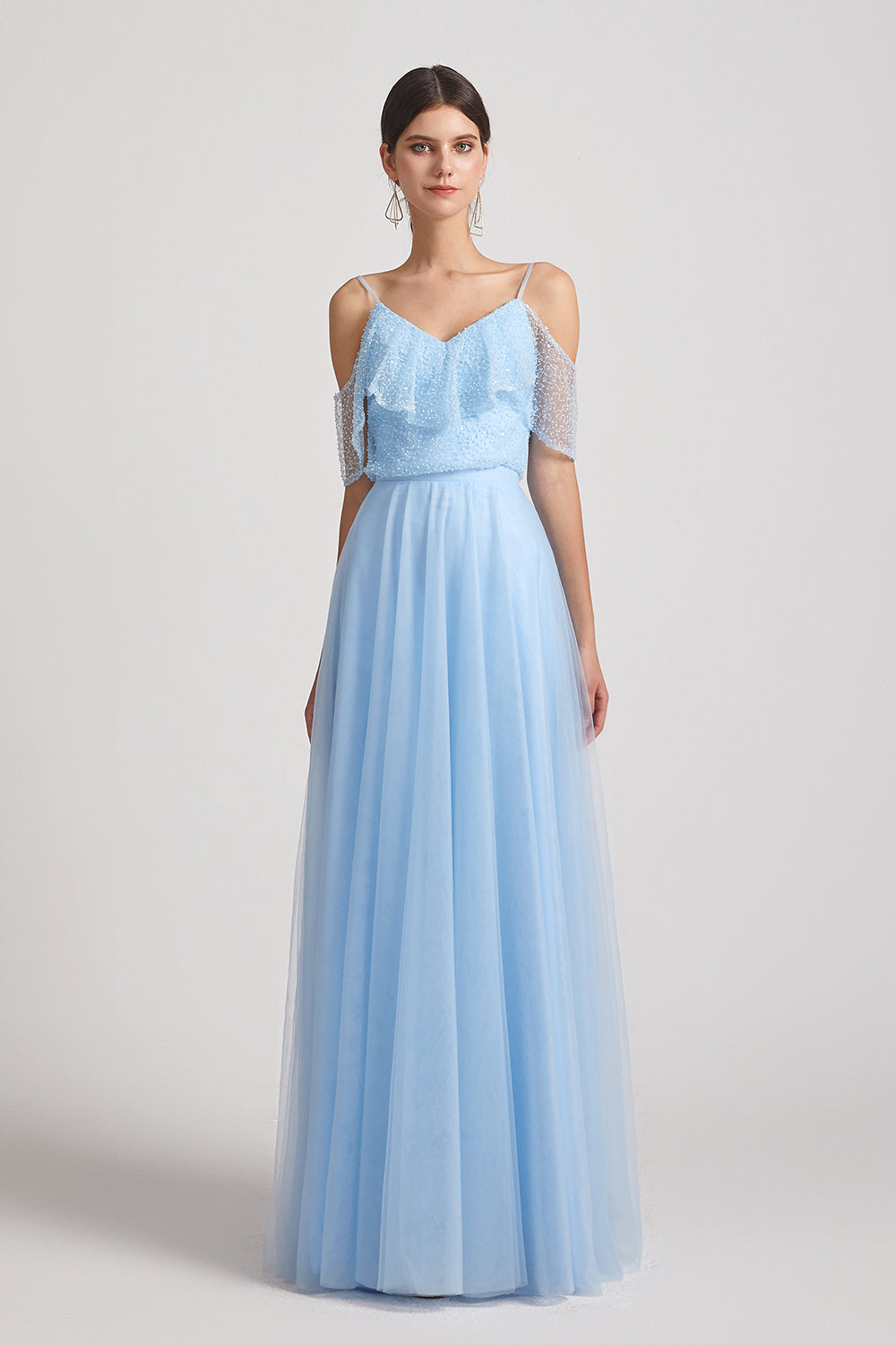 a-line blue long bridesmaid gowns