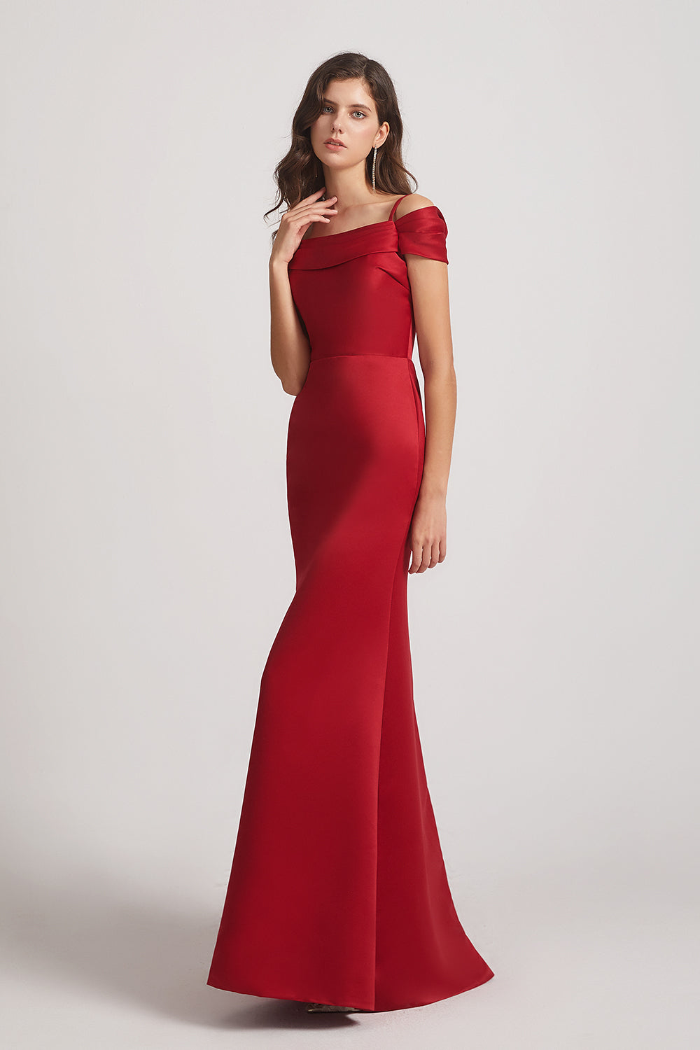 red off the shoulder maxi bridesmaid gown