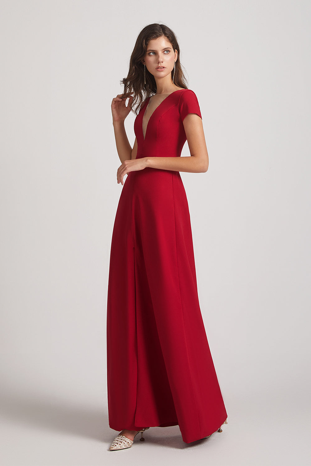 flowy red satin bridesmaids gowns