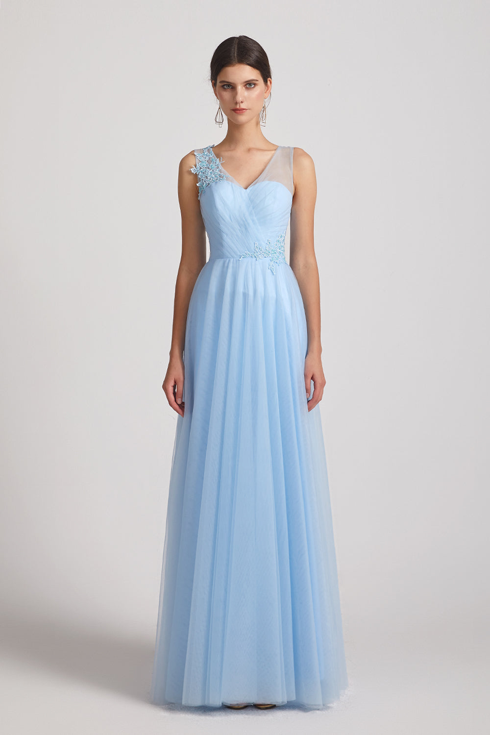 pleated a-line floor length blue tulle dresses