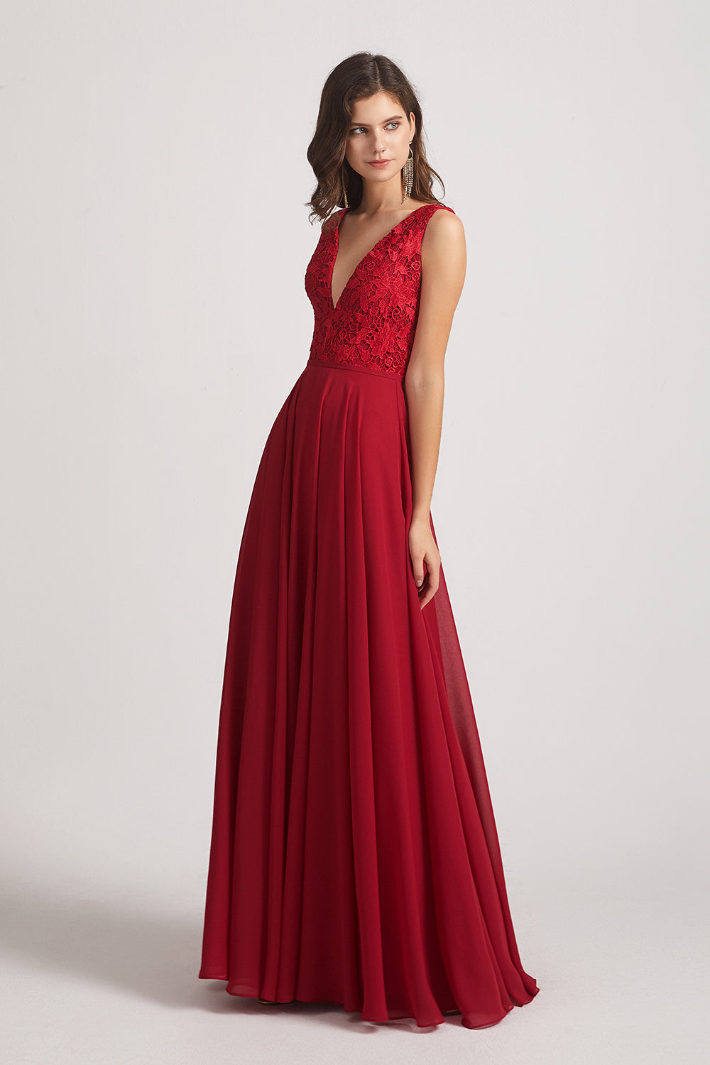 deep v-neck lace top long dresses for bridesmaid