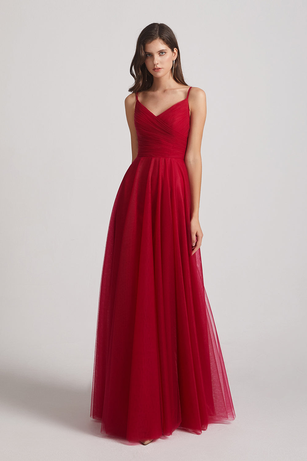red sleeveless long tulle bridesmaid gown