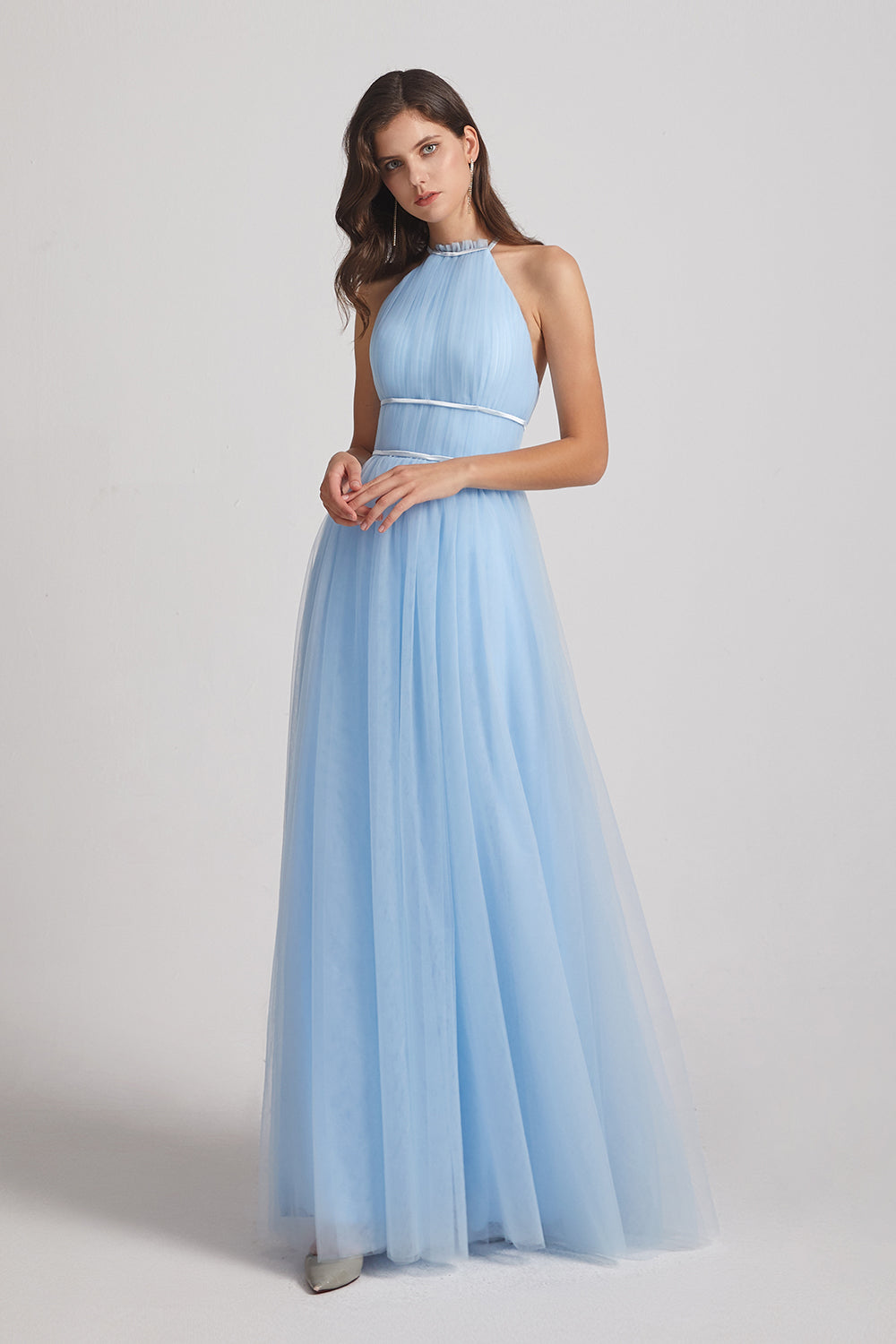 floor length blue tulle gowns