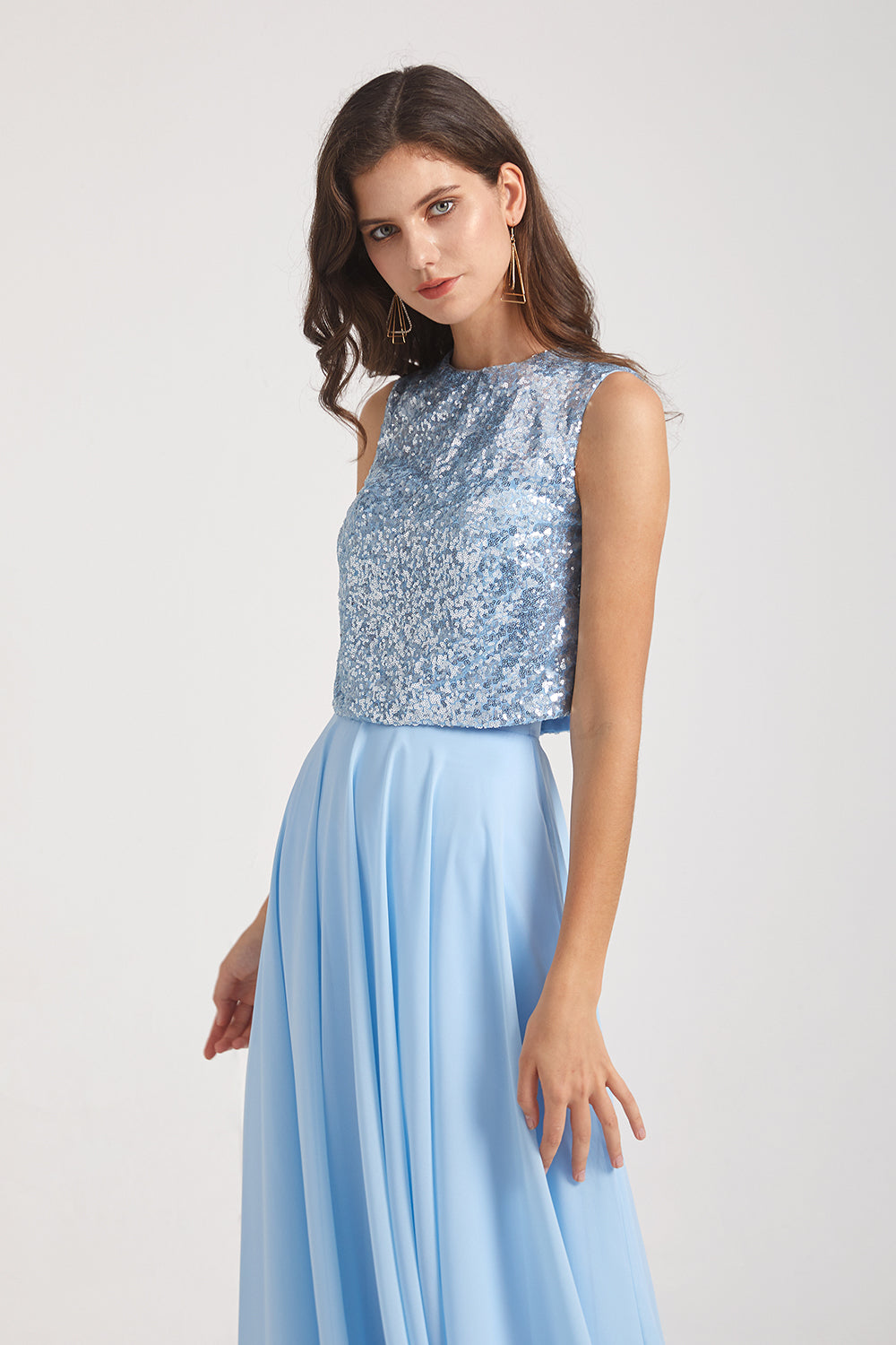 sleeveless a-line blue sequin bridesmaid gown