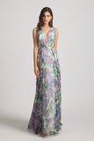 Peacock Floral-Printed Bridesmaid Dresses with Double V-Neck (AF0117)