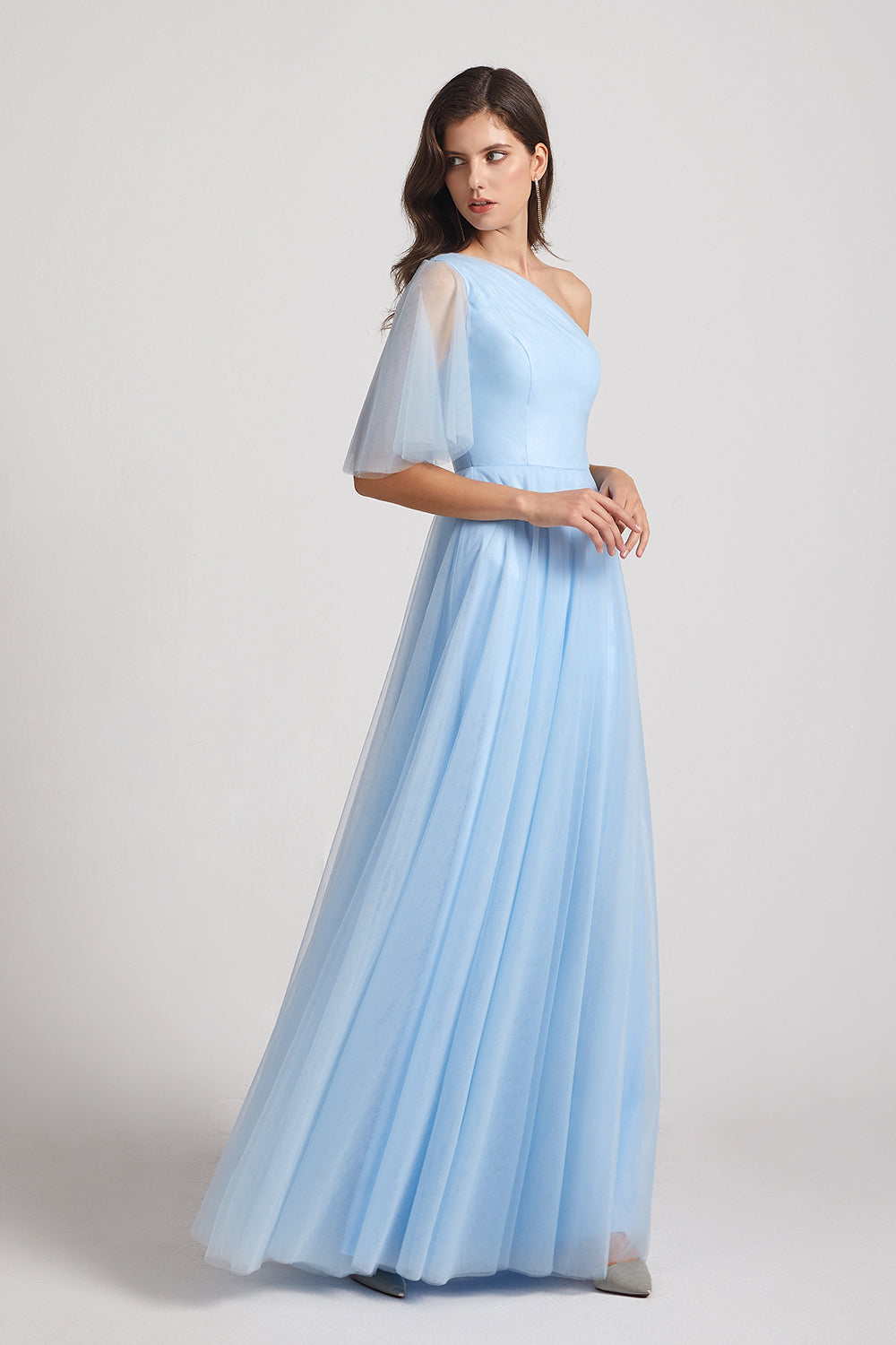 a-line flutter sleeve long gowns for bridesmaids