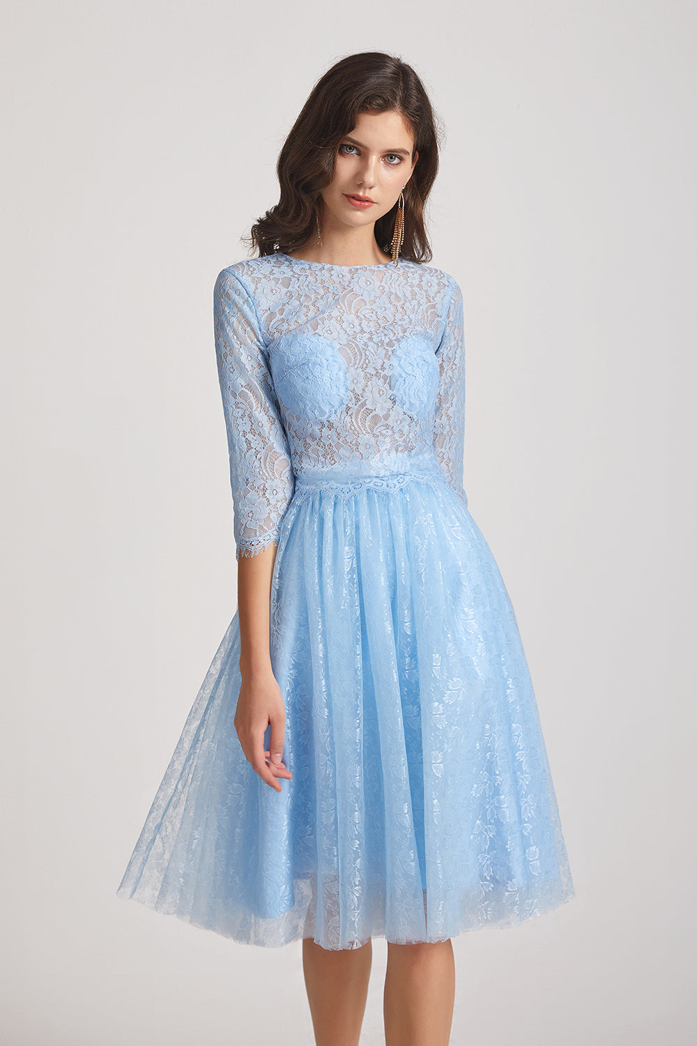 3/4 sleeves lace a-line bridesmaid gowns