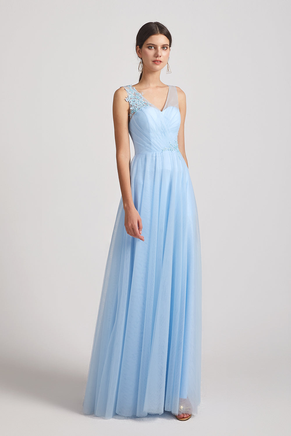 ruched a-line maxi tulle bridesmaids dress