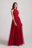 red tulle a-line ruffles bridesmaids dress