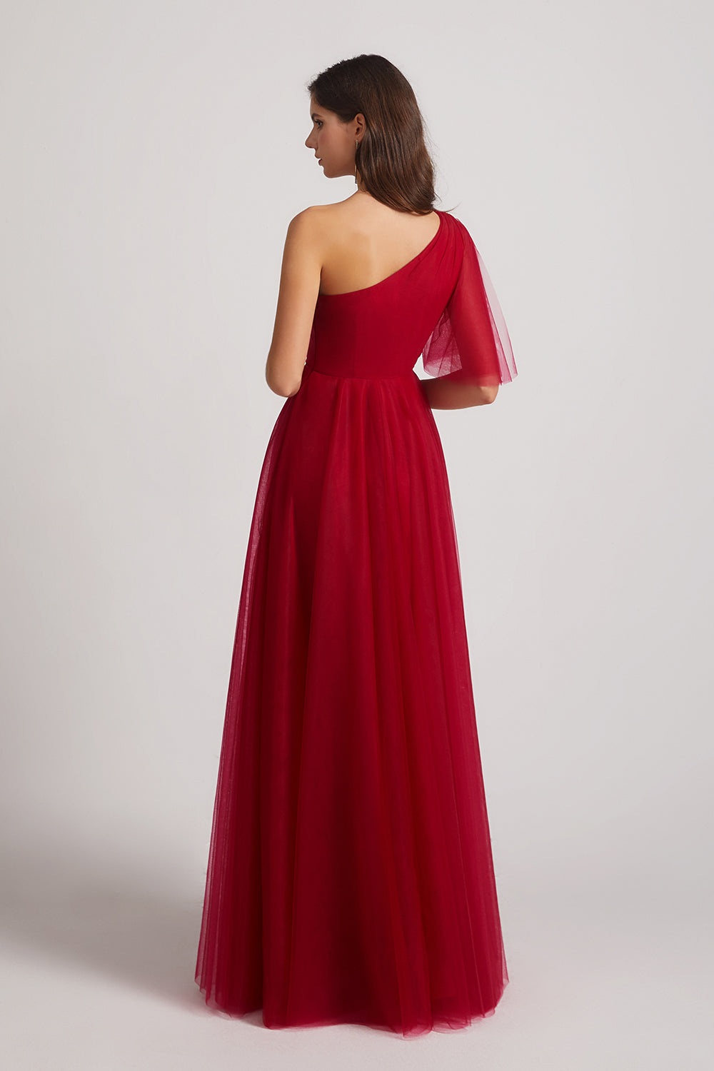 red one shoulder tulle maid of honor dress