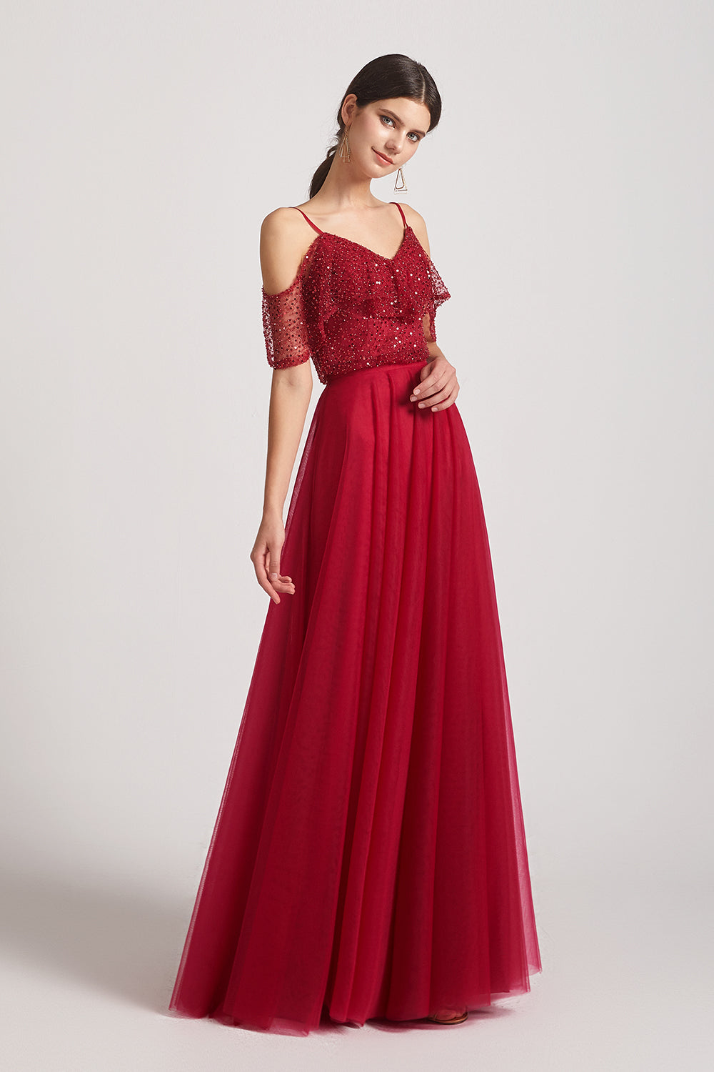 cold shoulder red sequin bridesmaid dresses