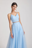 v-neck a-line tulle bridesmaid gowns