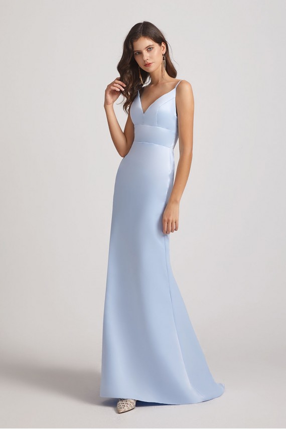Spaghetti Straps Sheath V-Neck Satin Bridesmaid Dresses