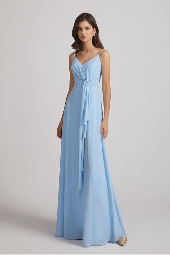 Straps V-Neck Chiffon Bridesmaid Dresses with Waist Knot and Side Slit
