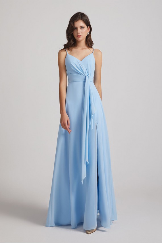 Straps V-Neck Chiffon Bridesmaid Dresses with Waist Knot and Side Slit