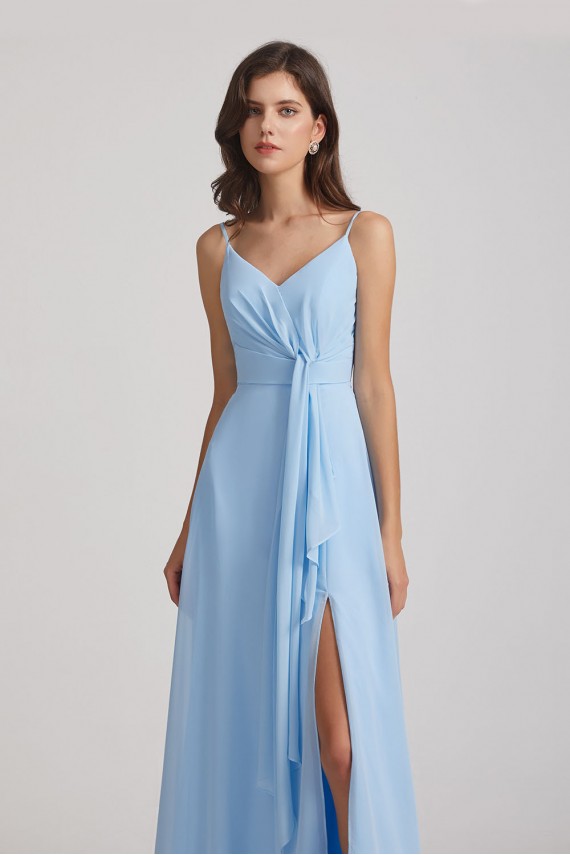 Straps V-Neck Chiffon Bridesmaid Dresses with Waist Knot and Side Slit