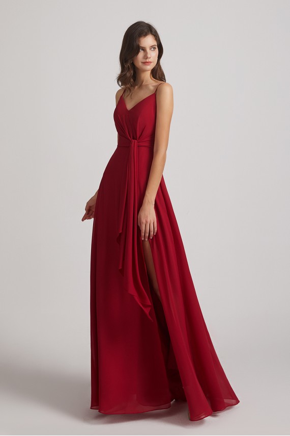 Spaghetti Straps V-Neck Waist-Tie Chiffon Bridesmaid Dresses