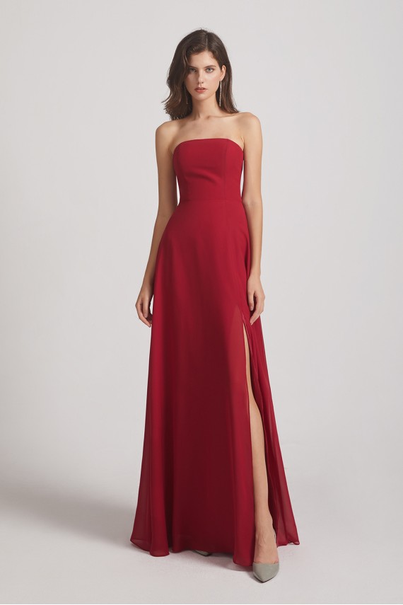 Strapless Chiffon Ruched Slit Long Bridesmaid Dresses