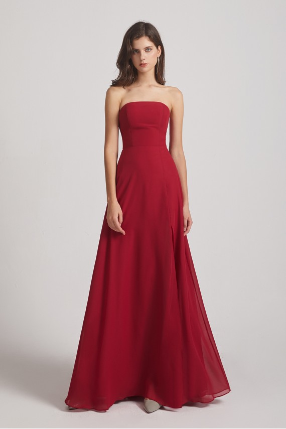Strapless Chiffon Ruched Slit Long Bridesmaid Dresses