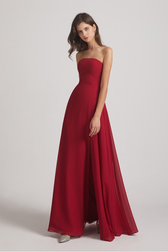 Strapless Chiffon Ruched Slit Long Bridesmaid Dresses