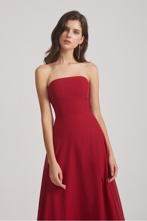 Strapless Chiffon Ruched Slit Long Bridesmaid Dresses