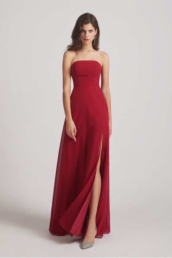 Strapless Chiffon Ruched Slit Long Bridesmaid Dresses