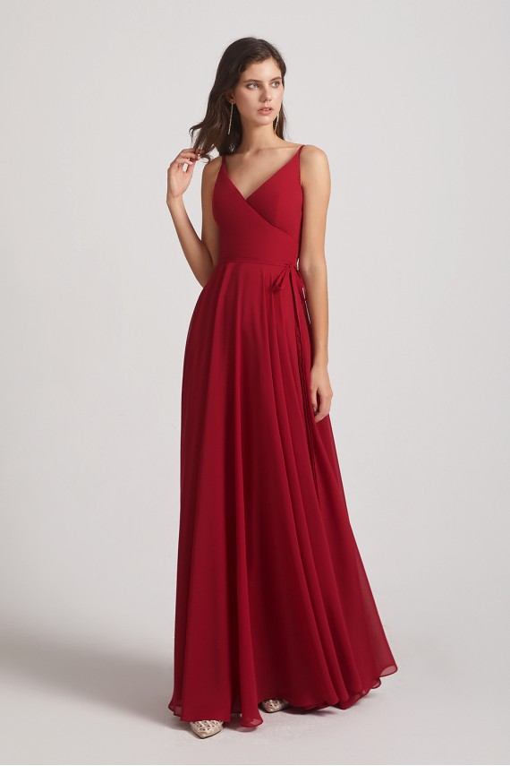 Pleated A-Line Spaghetti Straps V-Neck Chiffon Bridesmaid Dresses