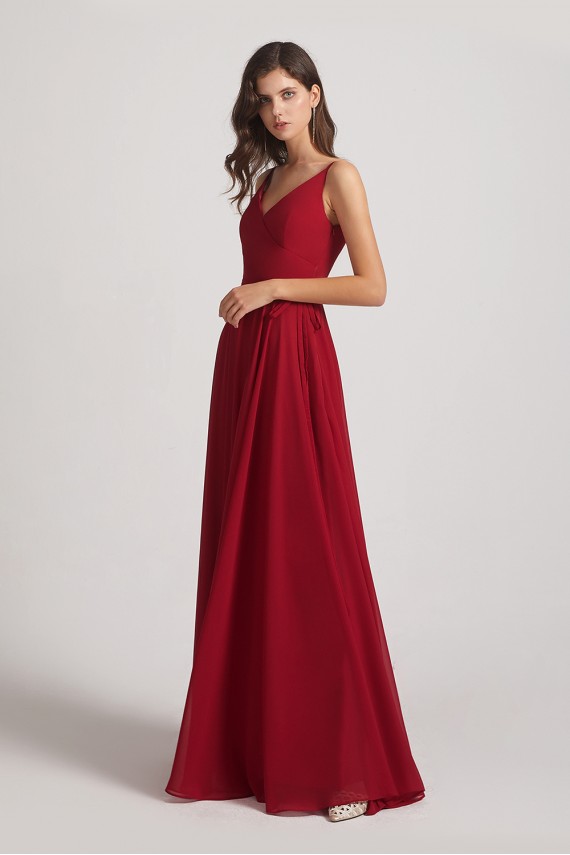 Pleated A-Line Spaghetti Straps V-Neck Chiffon Bridesmaid Dresses