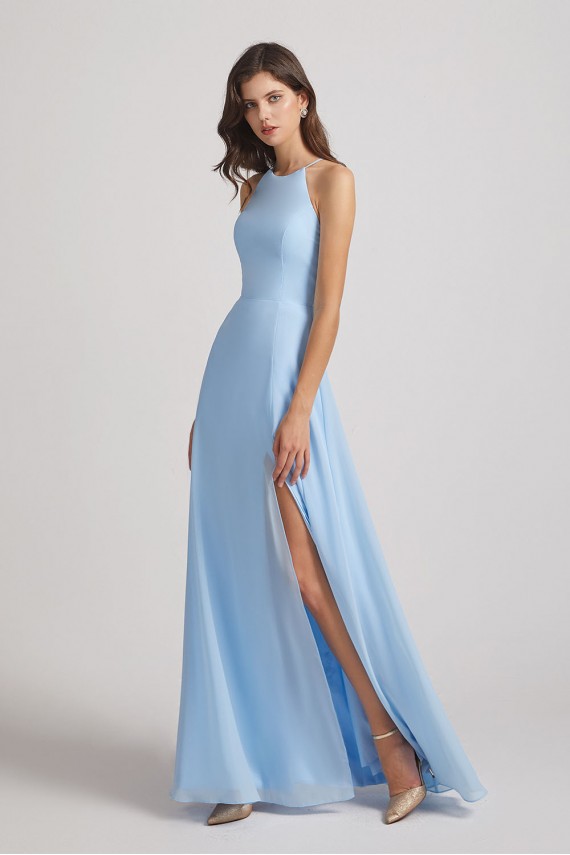 Halter Jewel Side Slit Chiffon Bridesmaid Dresses