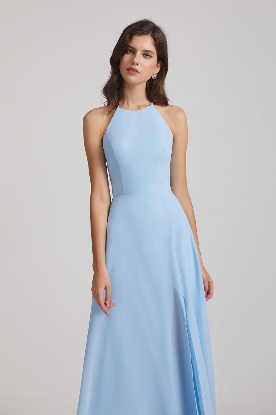 Halter Jewel Side Slit Chiffon Bridesmaid Dresses