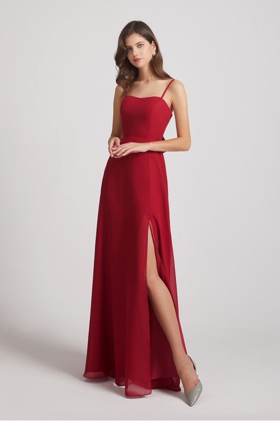 Spaghetti Straps Long Chiffon Bridesmaid Dresses with Side Slit