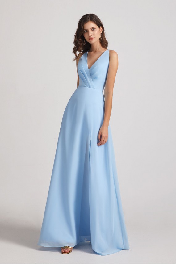 V-Neck Pleated Chiffon A-Line Blue Split Long Bridesmaid Dresses