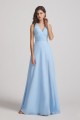 V-Neck Pleated Chiffon A-Line Blue Split Long Bridesmaid Dresses