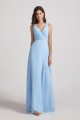 V-Neck Pleated Chiffon A-Line Blue Split Long Bridesmaid Dresses