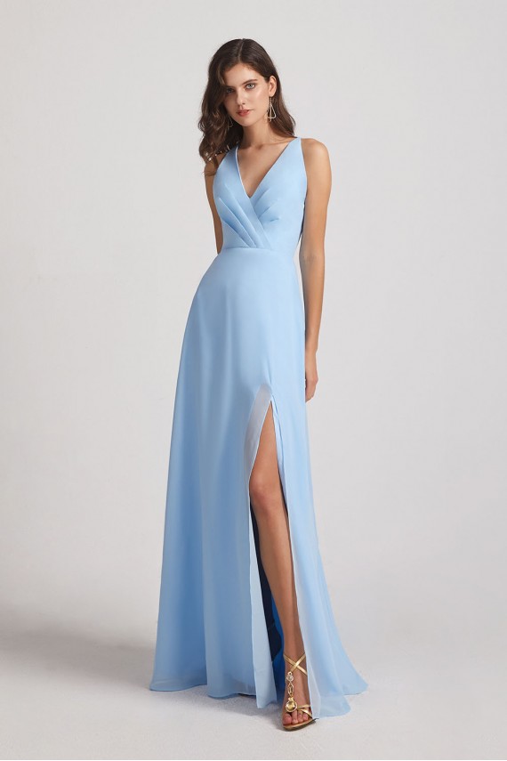 V-Neck Pleated Chiffon A-Line Blue Split Long Bridesmaid Dresses