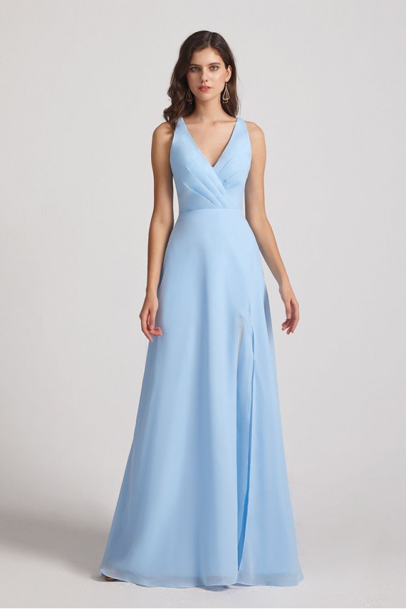 V-Neck Pleated Chiffon A-Line Blue Split Long Bridesmaid Dresses