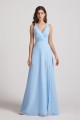 V-Neck Pleated Chiffon A-Line Blue Split Long Bridesmaid Dresses