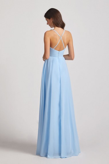 V-Neck Pleated Chiffon A-Line Blue Split Long Bridesmaid Dresses