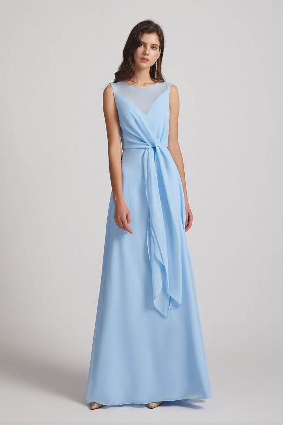 Bias Cut Tie-waist Bridesmaid Dresses with Illusion Boat Neckline and Overlay