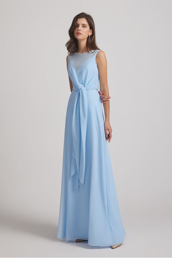 Bias Cut Tie-waist Bridesmaid Dresses with Illusion Boat Neckline and Overlay