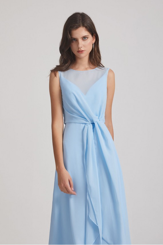 Bias Cut Tie-waist Bridesmaid Dresses with Illusion Boat Neckline and Overlay