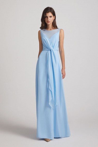 Bias Cut Tie-waist Bridesmaid Dresses with Illusion Boat Neckline and Overlay