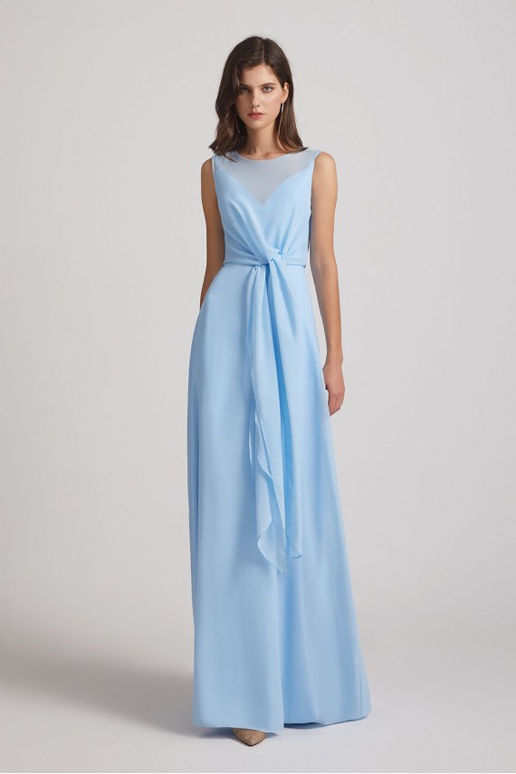 Bias Cut Tie-waist Bridesmaid Dresses with Illusion Boat Neckline and Overlay